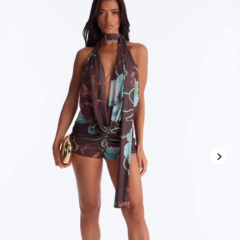 Malia Cowl Neck Mesh 2 Piece Romper - Brown